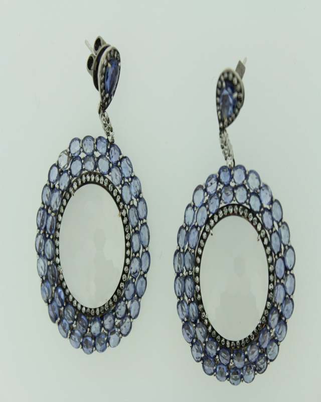 18K White Gold Blue Sapphire and Ice Quartz Earrings with Diamonds